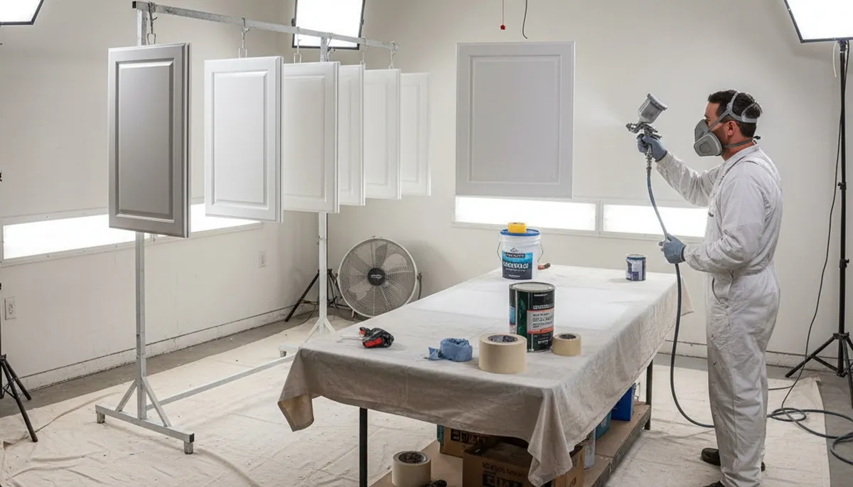 Professional cabinet painters spraying smooth kitchen finishes in San Antonio, TX
