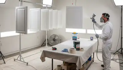 Professional cabinet painters spraying smooth kitchen finishes in San Antonio, TX