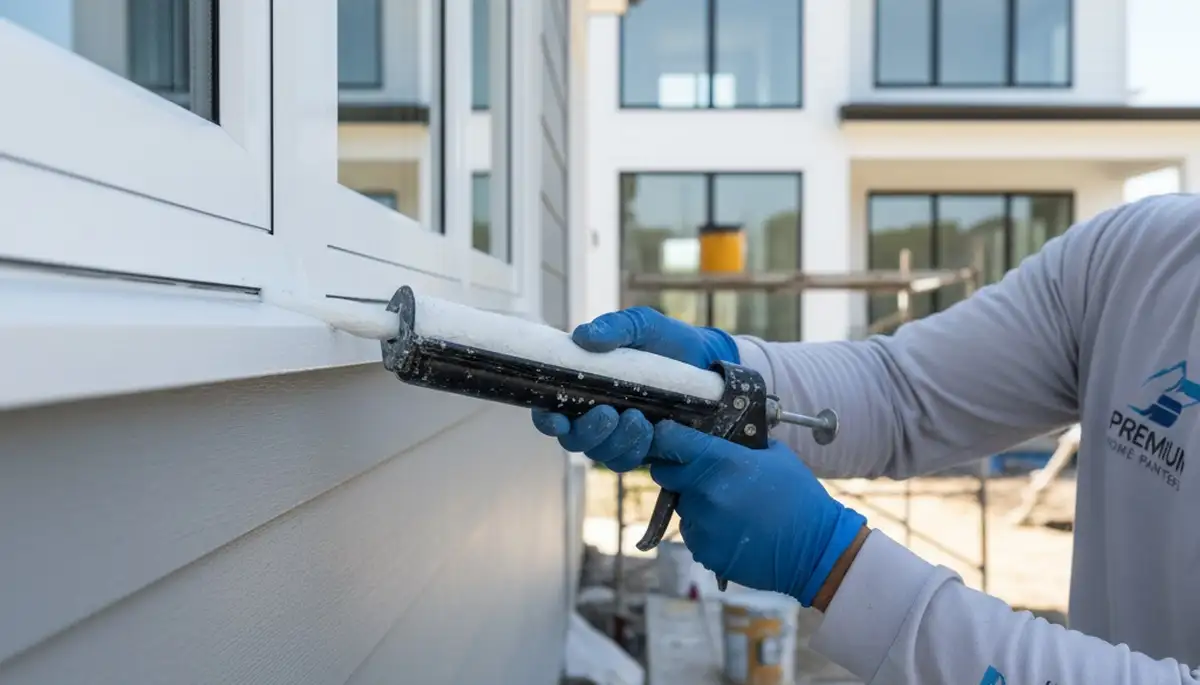 Professional caulking and sealing on San Antonio TX home exterior to prevent air leaks and water damage