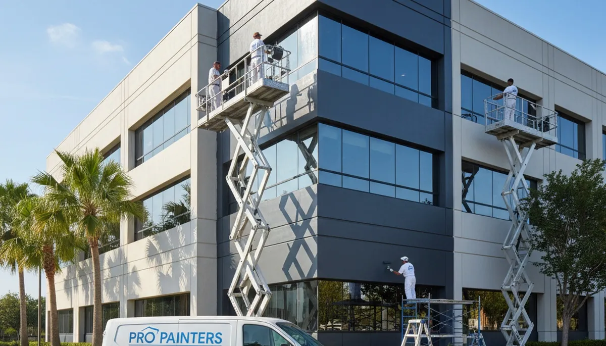 Professional commercial painters coating office exterior in San Antonio, TX for long-lasting finish