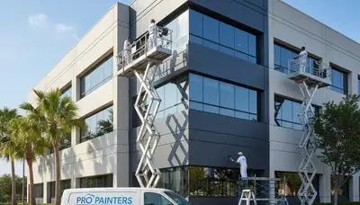 Professional commercial painters coating office exterior in San Antonio, TX for long-lasting finish
