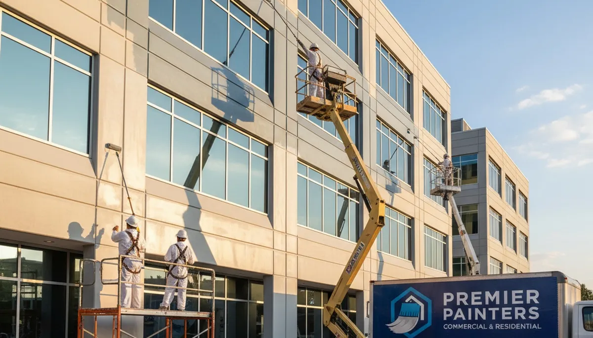 Professional commercial painters coating office exterior in San Antonio, TX with durable paint finish