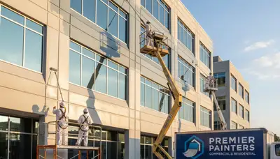 Professional commercial painters coating office exterior in San Antonio, TX with durable paint finish