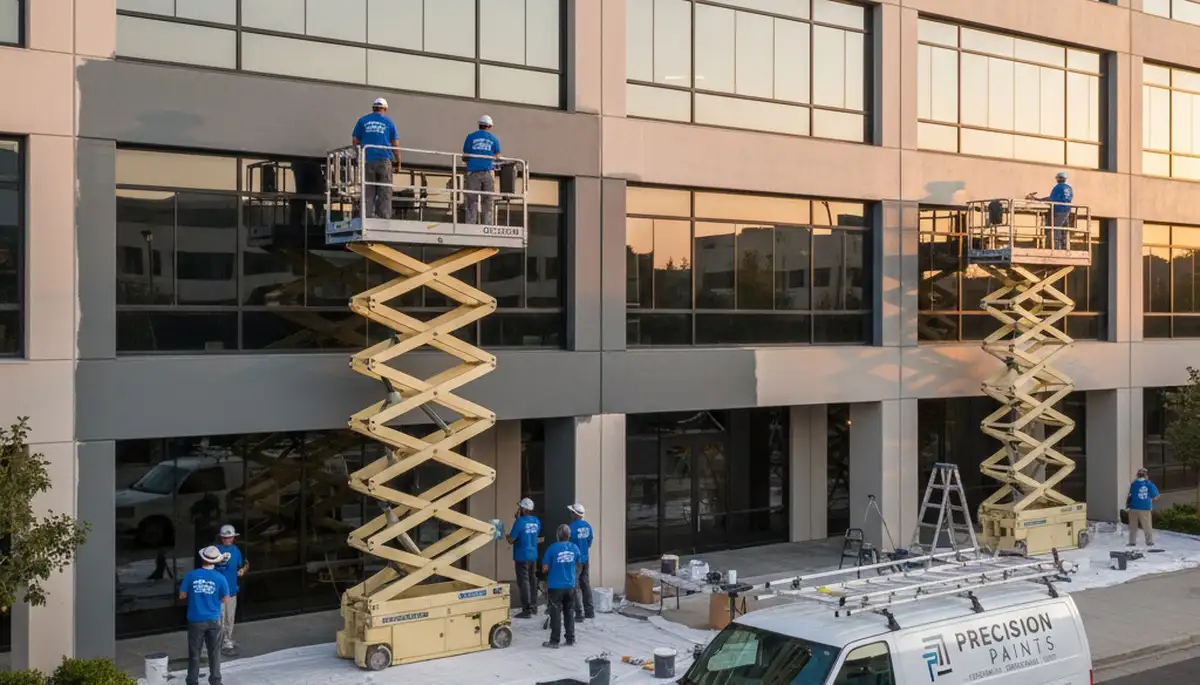 Professional commercial painters coating office exterior in San Antonio, TX for lasting business appeal