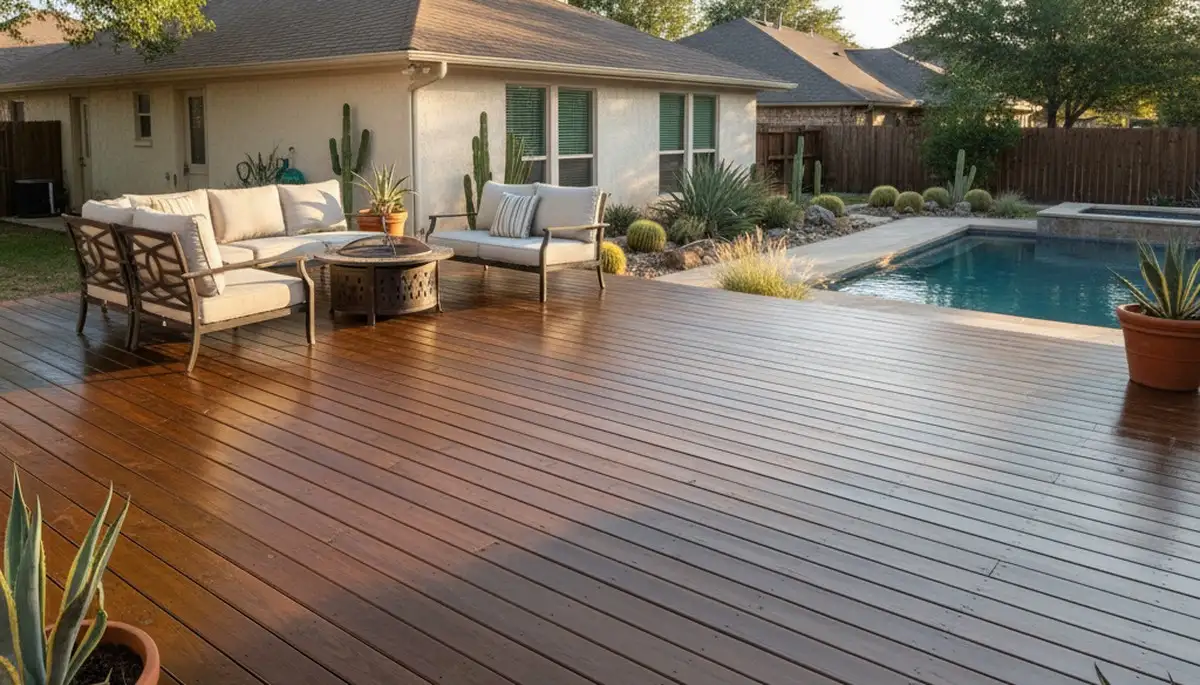 Finished deck staining in San Antonio, TX showcasing rich wood tones and weather-resistant finish