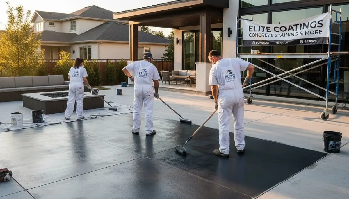 Professional concrete staining on patio by house painters in San Antonio, TX