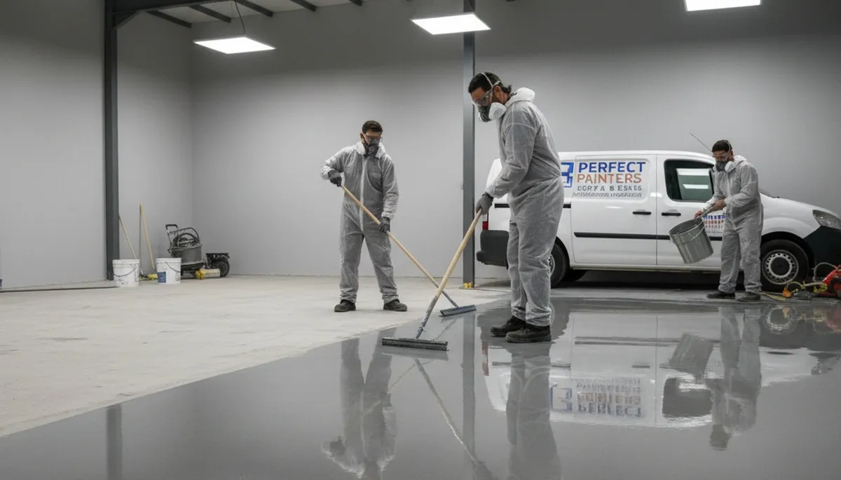 Epoxy floor coating installation in San Antonio TX garage by professional house painters