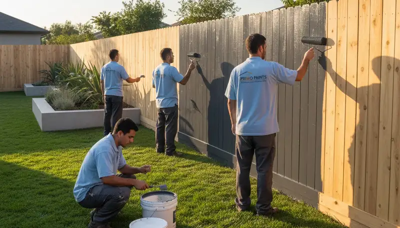 Professional fence painters in San Antonio TX applying durable wood stain for long-lasting curb appeal