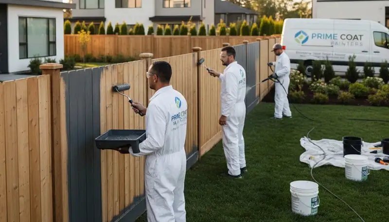 Professional fence painters staining a cedar fence in San Antonio, TX for lasting color and weather protection