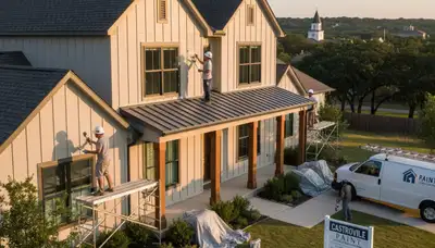 Professional house painters finishing exterior home in San Antonio, TX