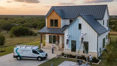 Professional house painters finishing exterior home in San Antonio TX