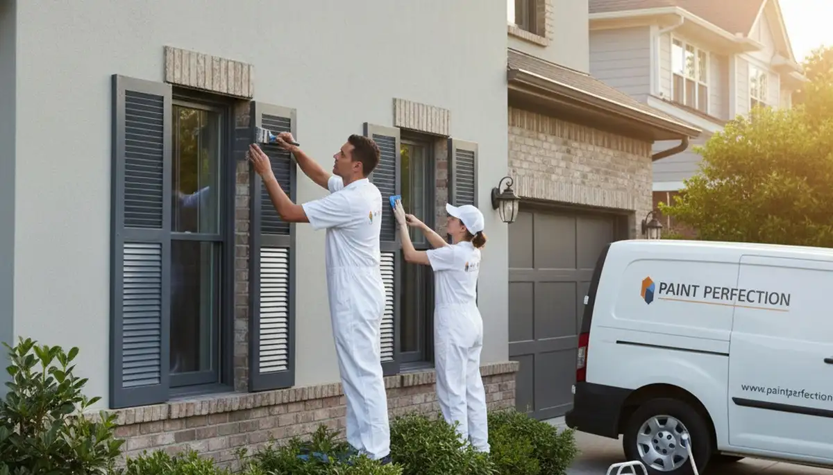 Professional painters refinishing wooden shutters in San Antonio, TX for lasting sun-resistant color