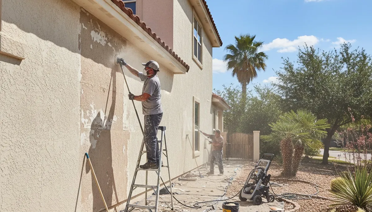 Painter sanding exterior wall for surface prep before painting a San Antonio TX home