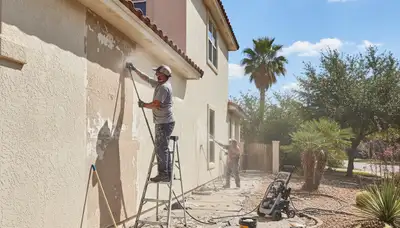 Painter sanding exterior wall for surface prep before painting a San Antonio TX home