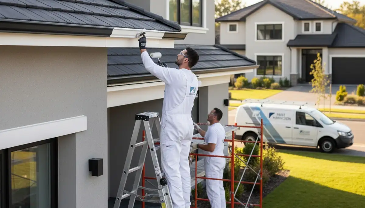 Professional trim and fascia painting on a San Antonio TX home by expert house painters